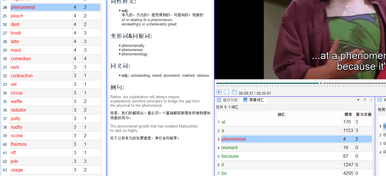 SCREENSHOT: screenshot-04-03 屏幕词汇面板，显示当前字幕的单词列表和不同颜色标记